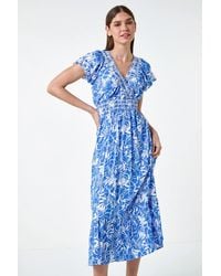 Roman - Floral Print Shirred Midi Dress - Lyst