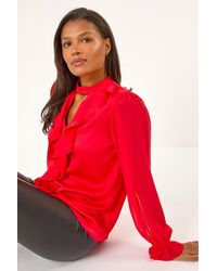 Roman - Ruffle Front Keyhole Satin Top - Lyst