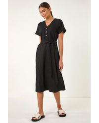 Roman - Button Linen Mix Midi Dress - Lyst