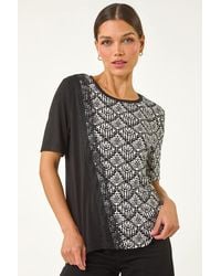 Roman - Contrast Print Lace Trim Top - Lyst
