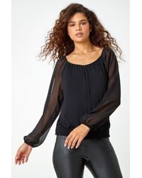 Roman - Chiffon Sleeve V-Neck Bubble Hem Stretch Top - Lyst