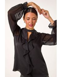 Roman - Ruffle Front Keyhole Satin Top - Lyst