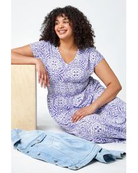 Roman Curve - Aztec Print Shirred Midi Dress - Lyst