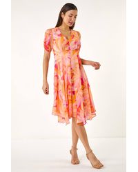 Roman - Abstract Painted Floral Hanky Hem Dress - Lyst