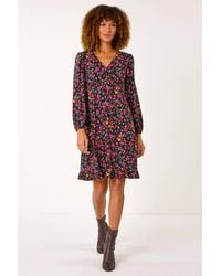 Roman - Floral Print Short Frill Stretch Dress - Lyst