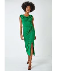 Roman - Cowl Neck Ruched Midi Dress - Lyst