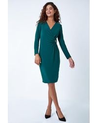 Roman - Chain Detail Wrap Stretch Ruched Midi Dress - Lyst
