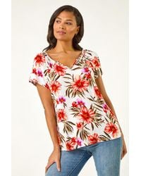 Roman - Floral Print Notch Neck Stretch Top - Lyst