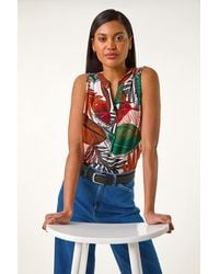 Roman - Leaf Print Pleated Vest Top - Lyst