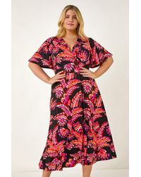 Roman Curve - Leaf Print Wrap Midi Dress - Lyst