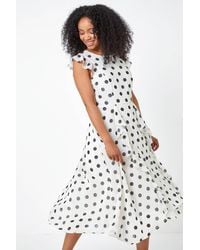 Roman Petite - Polka Dot Chiffon Ruffle Midi Dress - Lyst