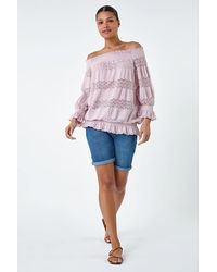 Roman - Lace Insert Frill Bardot Top - Lyst