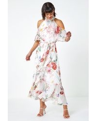 Roman - Halterneck Floral Chiffon Frill Dress - Lyst