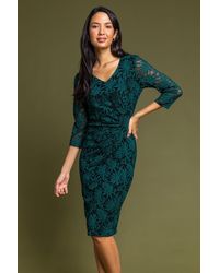 Roman - Palm Print Lace Ruched Dress - Lyst