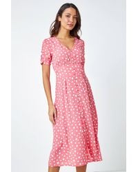 Roman - Polka Dot Ruched Sleeve Midi Dress - Lyst
