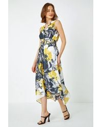 Roman - Floral Twist Front Chiffon Asymmetric Midi Dress - Lyst