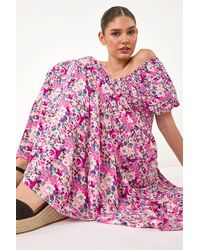 Roman - Ditsy Floral Shirred Bardot Tiered Dress - Lyst