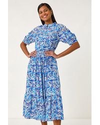Roman - Abstract Print Lace Trim Midi Dress - Lyst
