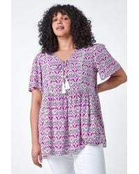 Roman - Curve Tie Front Boho Printed Top - Lyst