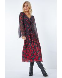 Roman - Dusk Fashion Rose Print Chiffon Midi Dress - Lyst