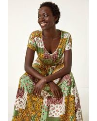 Roman - Stretch Patchwork Shirred Maxi Dress - Lyst