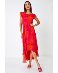 Roman - Floral Frill Chiffon Asymmetric Midi Dress - Lyst