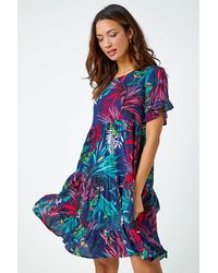 Roman - Tropical Frill Sleeve Tiered Smock Dress - Lyst