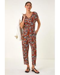 Roman - Floral Print V-Neck Stretch Jumpsuit - Lyst