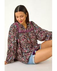 Roman - Floral Tie-Front Long Sleeve Top - Lyst