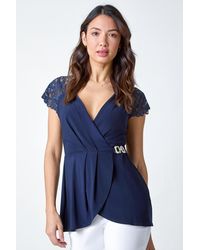Roman - Lace Trim Stretch V-Neck Wrap Top - Lyst