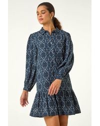 Roman - Geometric Print Button Detail Shirt Dress - Lyst