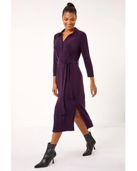 Roman - V-Neck Belted Shirt Midi Dress - Lyst