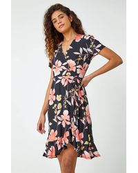 Roman - Floral Print Frill Hem Wrap Dress - Lyst