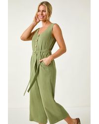 Roman Petite - Linen Blend Button Front Jumpsuit - Lyst