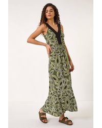 Roman - Leaf Print Contrast Band Maxi Dress - Lyst
