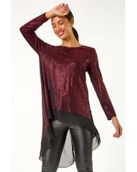 Roman - Chiffon Hem Sequin Stretch Tunic Top - Lyst