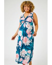 Roman Curve - Floral Print Twist Ruched Midi Dress - Lyst