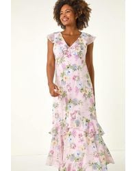 Roman - Floral Frill Chiffon Midi Dress - Lyst