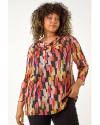 Roman Curve - Abstract Print Mesh Cowl Neck Top - Lyst
