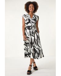 Roman - Brushstroke Linen Mix Midi Dress - Lyst