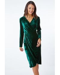 Roman - Stretch Velvet Ruched Wrap Midi Dress - Lyst
