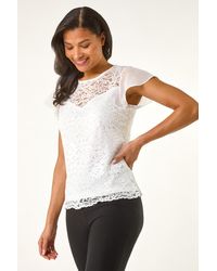 Roman - Chiffon Sleeve Floral Lace Top - Lyst