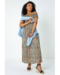 Roman - Petite Floral Shirred Bardot Maxi Dress - Lyst