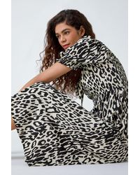Roman - Leopard Print Ruched Pocket Midi Dress - Lyst
