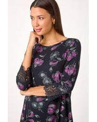 Roman - Floral Print Lace Detail Stretch Top - Lyst