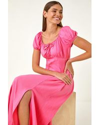 Roman - Puff Sleeve Linen Mix Midi Dress - Lyst