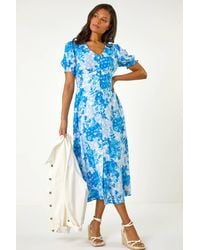 Roman - Button Through Floral Shirred Midi Dress - Lyst