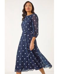Roman - Spot Print Chiffon Pleated Midi Dress - Lyst