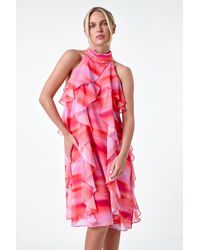 Roman Petite - Abstract Halter Neck Ruffle Dress - Lyst