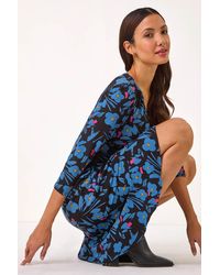 Roman - Floral Print V-Neck Ruched Dress - Lyst